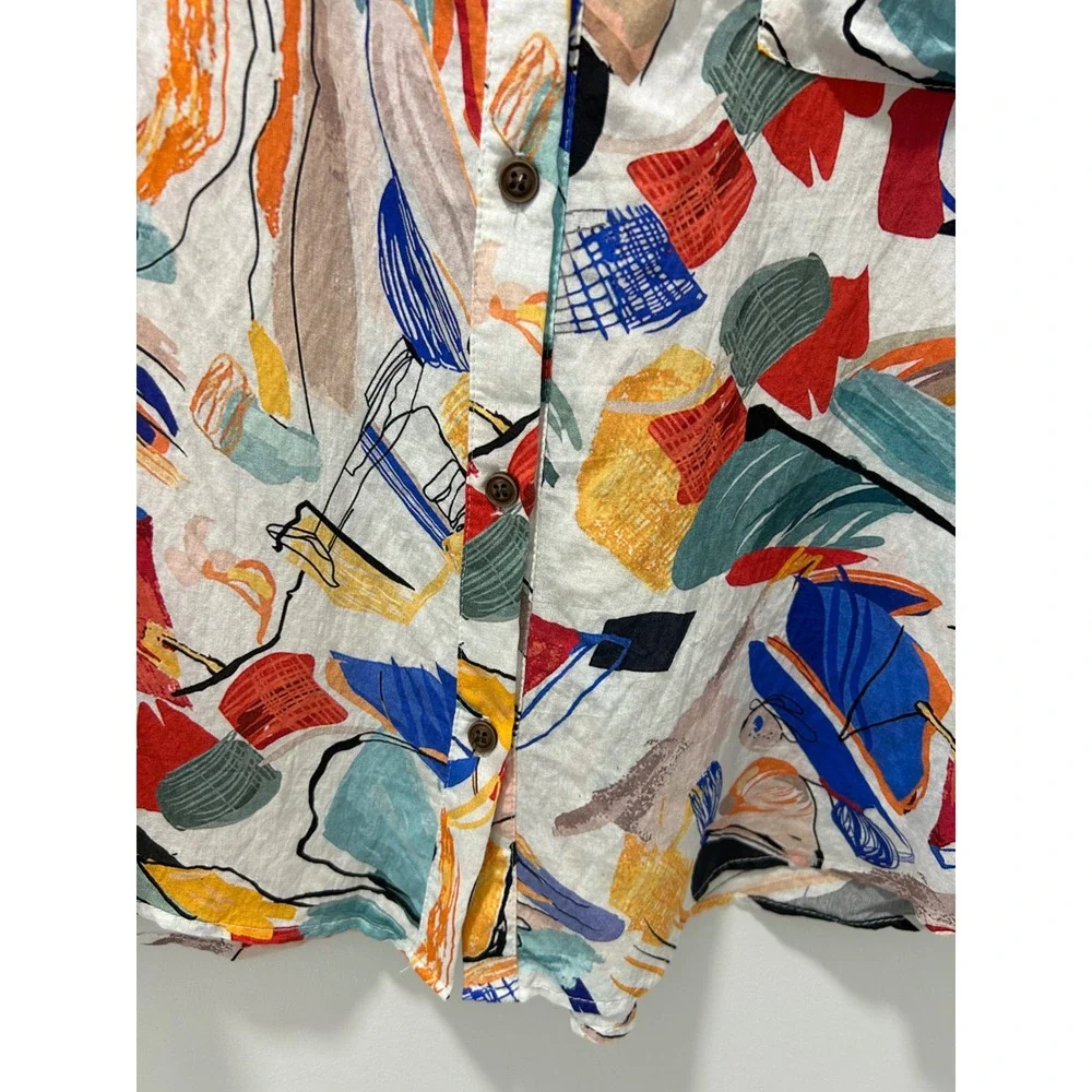 Histor Womens Abstract Art Print Short Sleeve Button Down Shirt Multi Color L